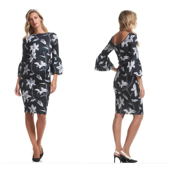 NWT SOON Maternity  Floral Green White Tulip Sleeve Midi Dress L - Picture 1 of 6